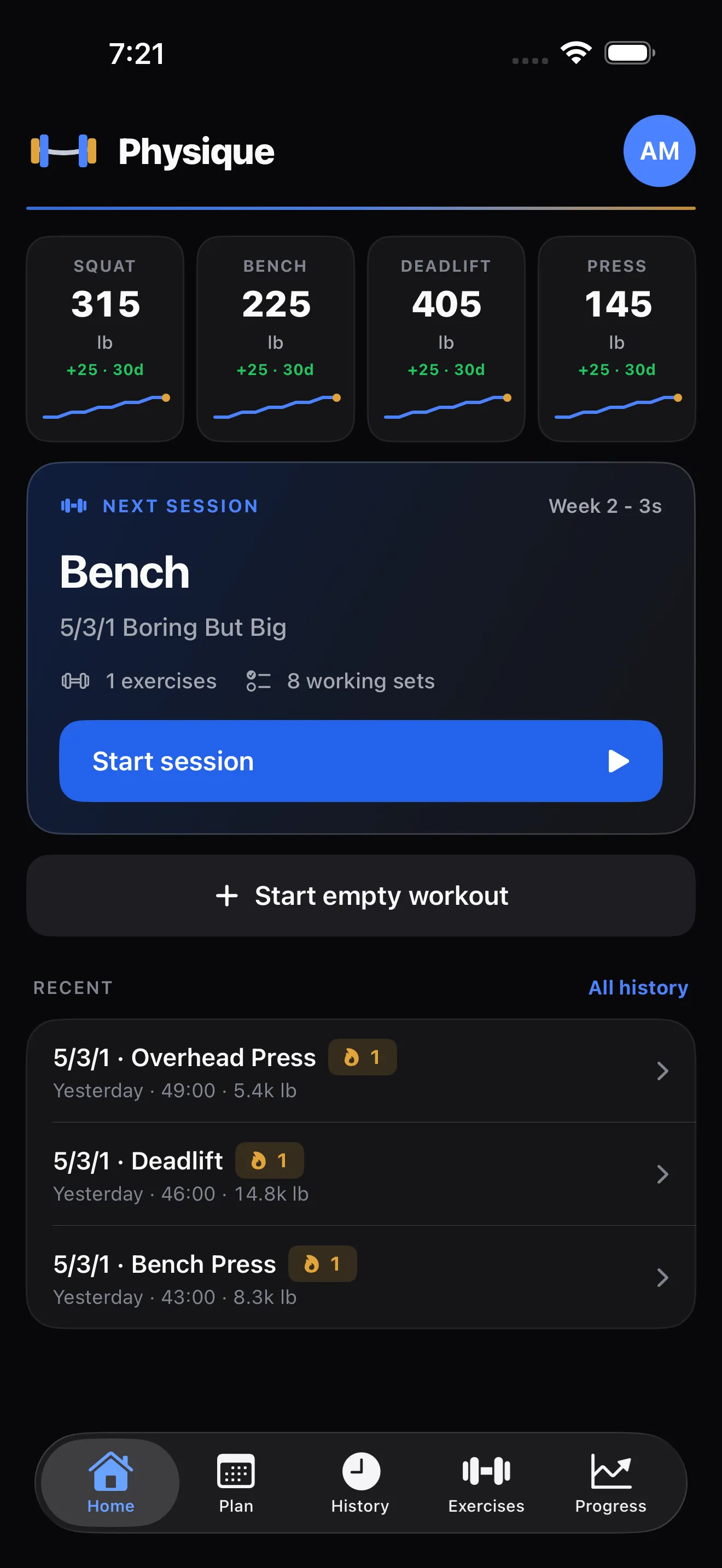 Physique home screen showing squat, bench, deadlift and press maxes and the next 5/3/1 session