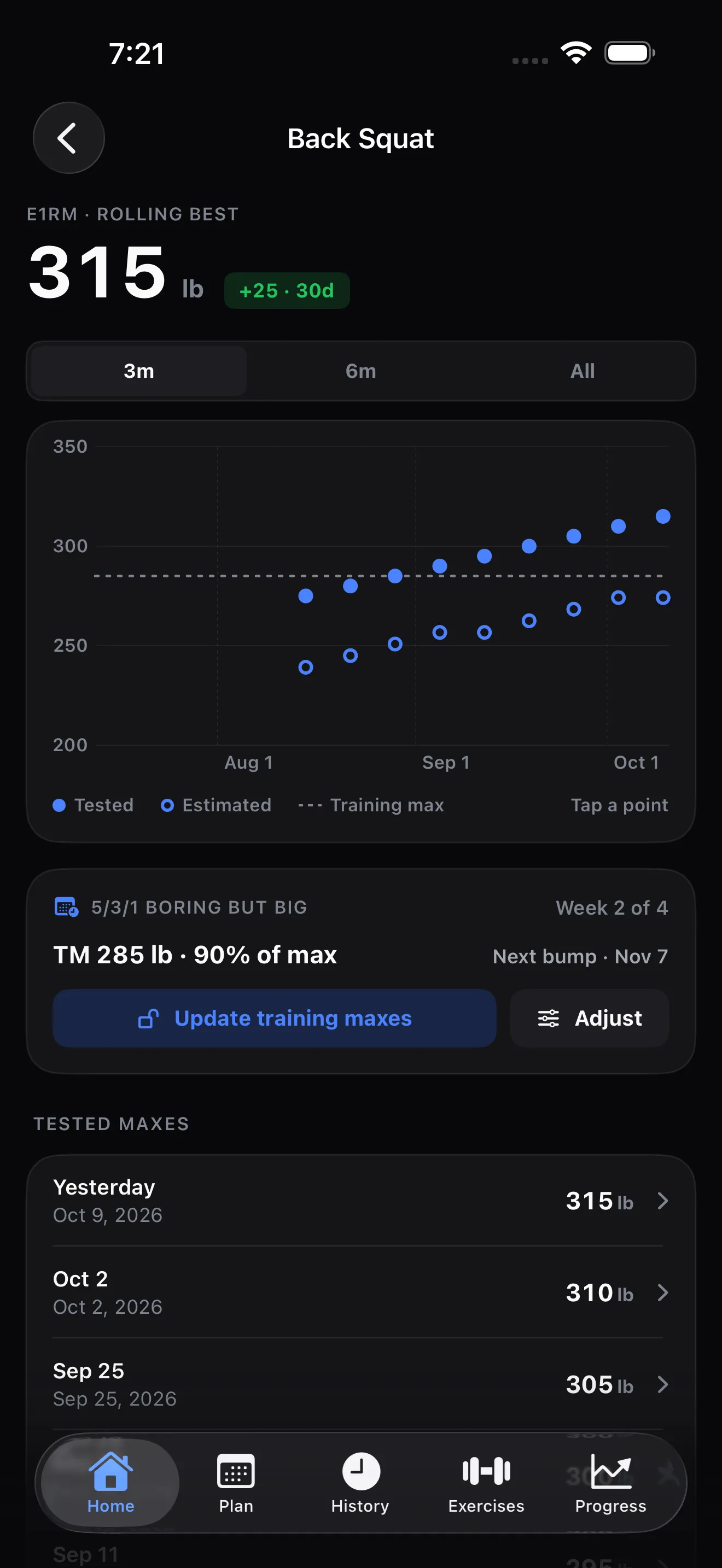 Physique strength screen showing a back squat e1RM chart with tested maxes